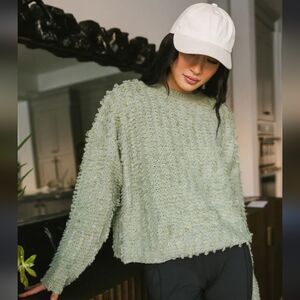 EUC Sage Green Fuzzy Vine & Love Boho Crewneck Sweater